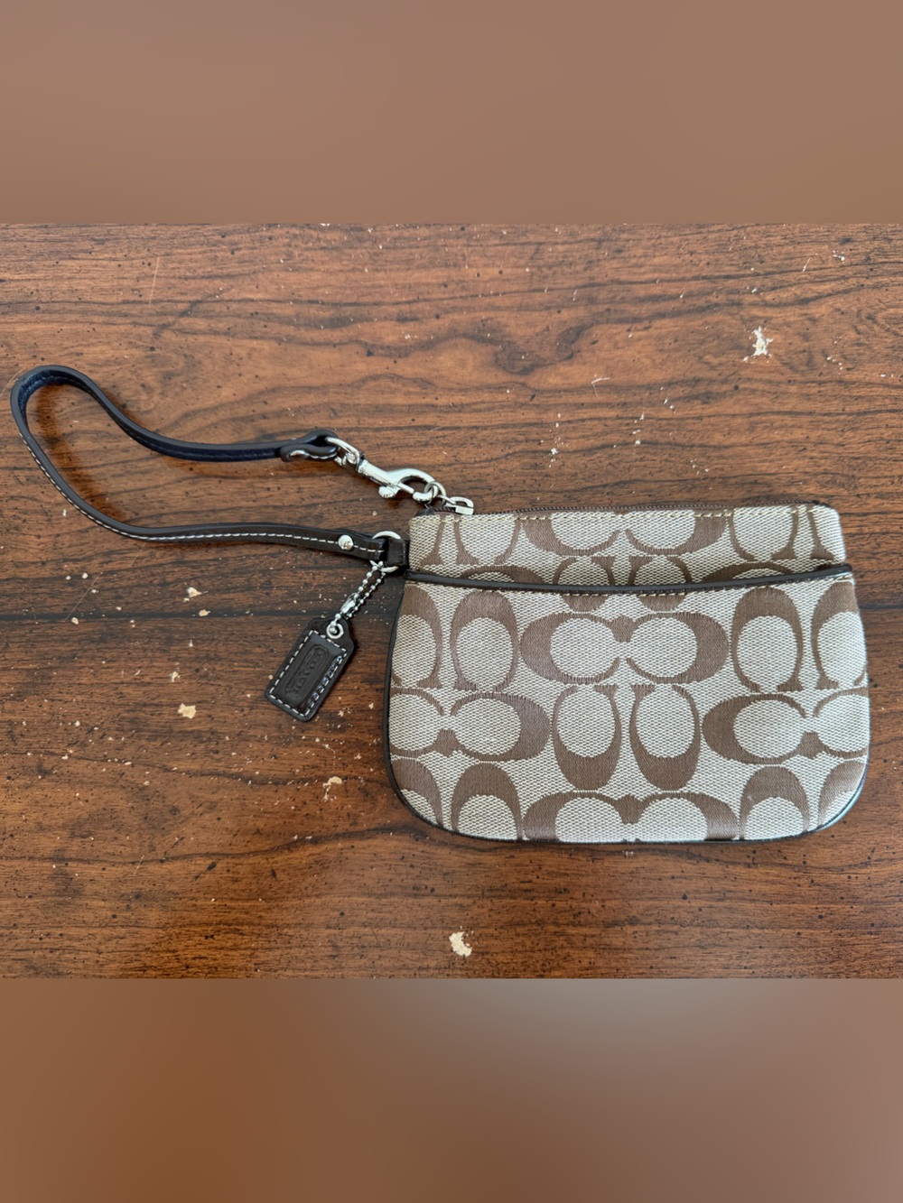 Coach Brown/Tan Signature Canvas Wristlet with Leather Strap